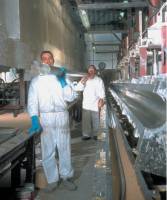 workers next to a fiberglass flagpole cast smile and wave for the camera